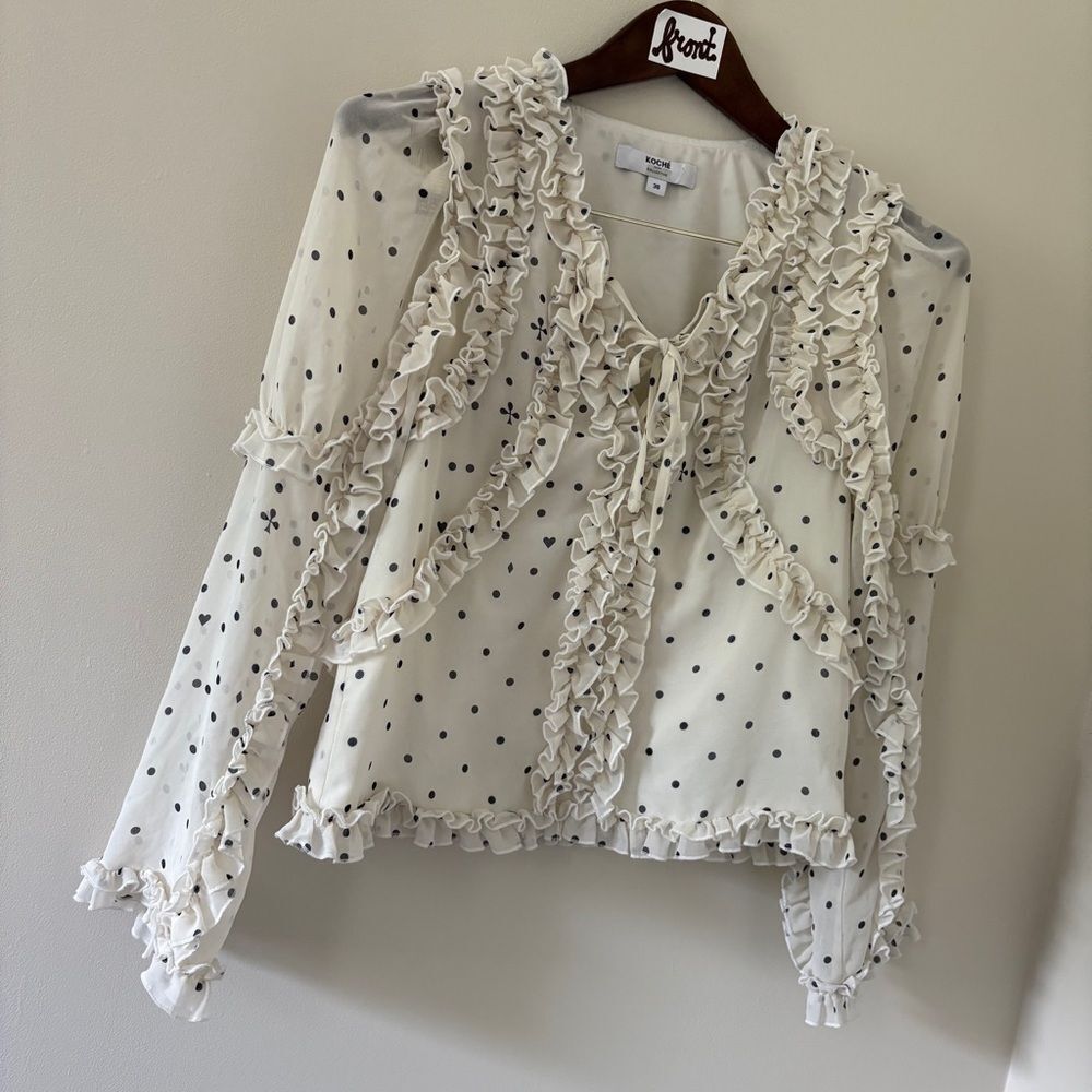 Koche M Cream Polka Dot Sheer Blouse Preppy Luxury Coastal Boardwalk Old Money - Picture 12 of 12